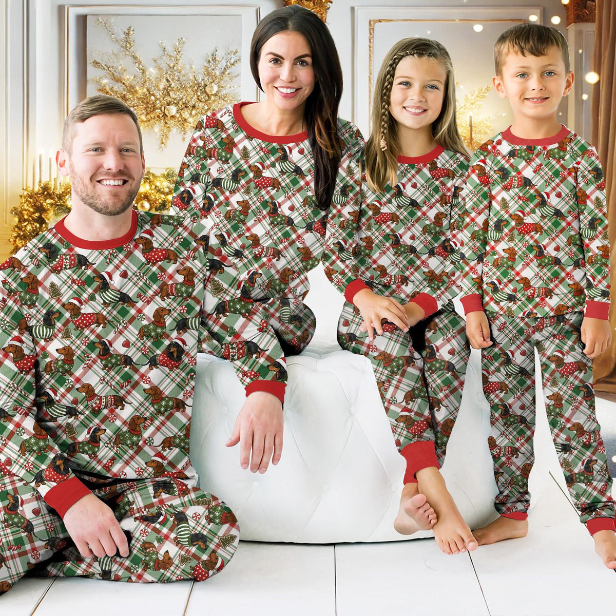 Lifestyle view of the festive dog matching family plaid pajamas