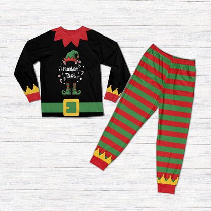 Family wearing matching xmas pajamas family sets with black accents, lifestyle view