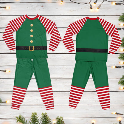 Christmas elf pajama set featuring a green body and striped sleeves, front view