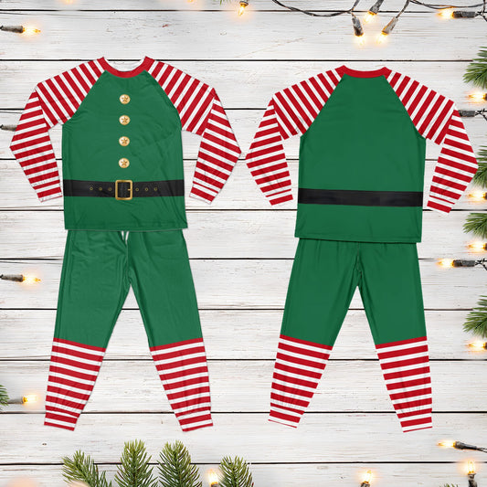 Christmas elf pajama set featuring a green body and striped sleeves, front view