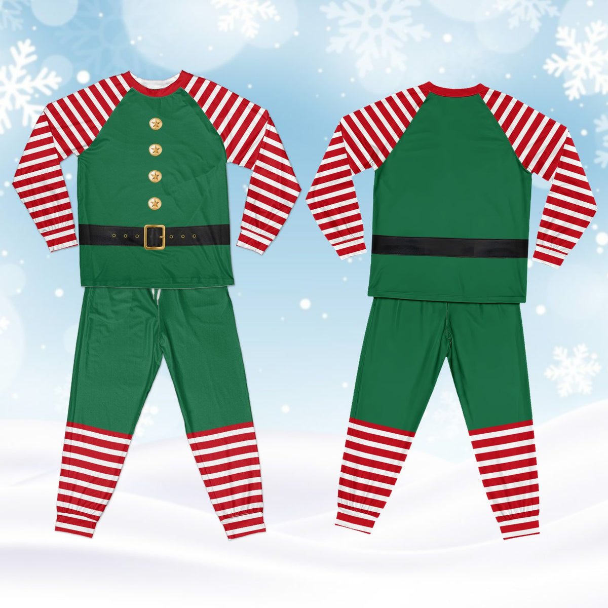 Close up of the festive red and white striped sleeves on the elf pajamas