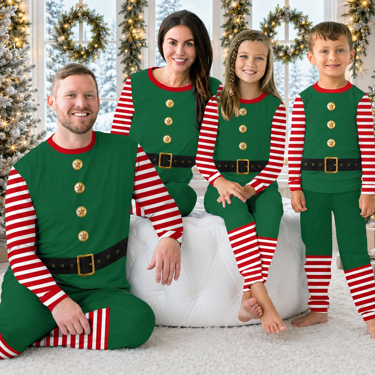Festive holiday morning scene with family in matching elf pajamas