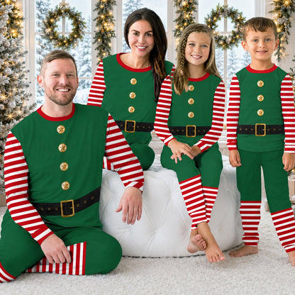 Festive holiday morning scene with family in matching elf pajamas
