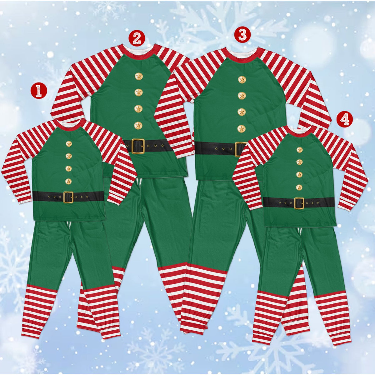 Family wearing matching christmas elf pajama sets posing together for the holidays