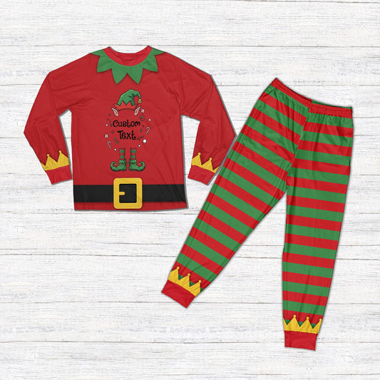 Personalized christmas elf pajama set in red, front view