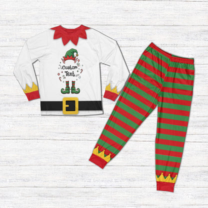 Family wearing matching white christmas elf pajamas, lifestyle view