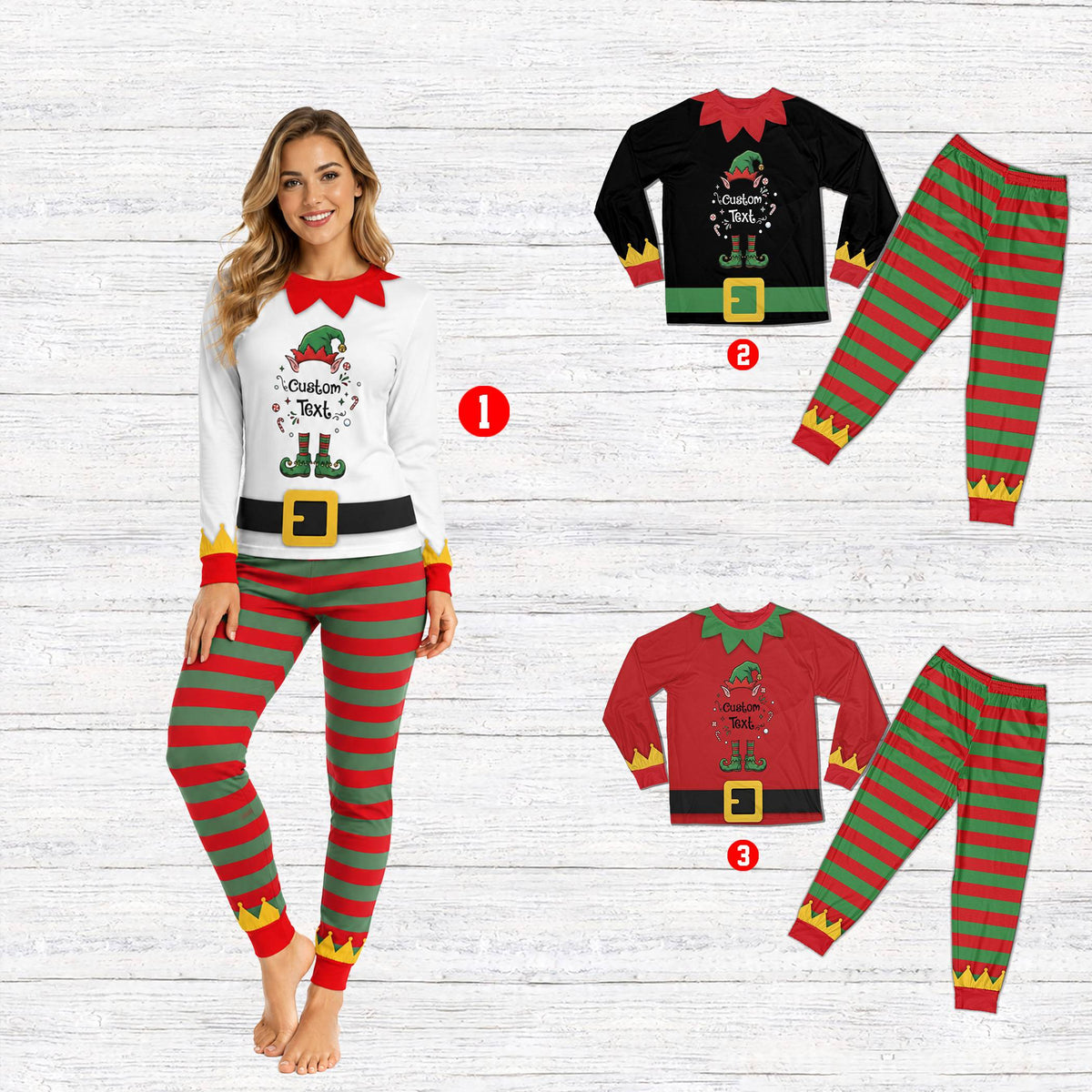Close up of the matching white christmas elf pajama sets, lifestyle view