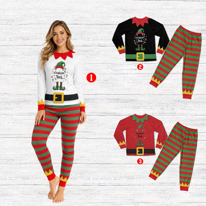 Close up of the matching white christmas elf pajama sets, lifestyle view