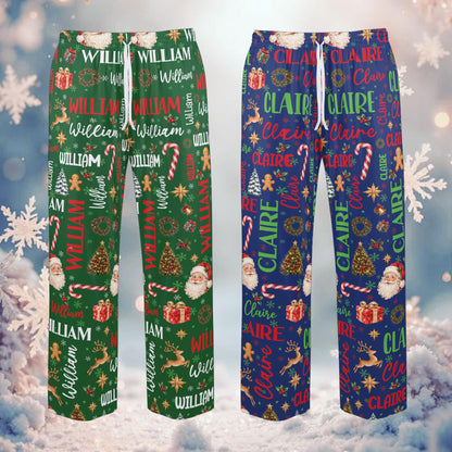 Front view of the custom holiday matching family pajamas with festive elements