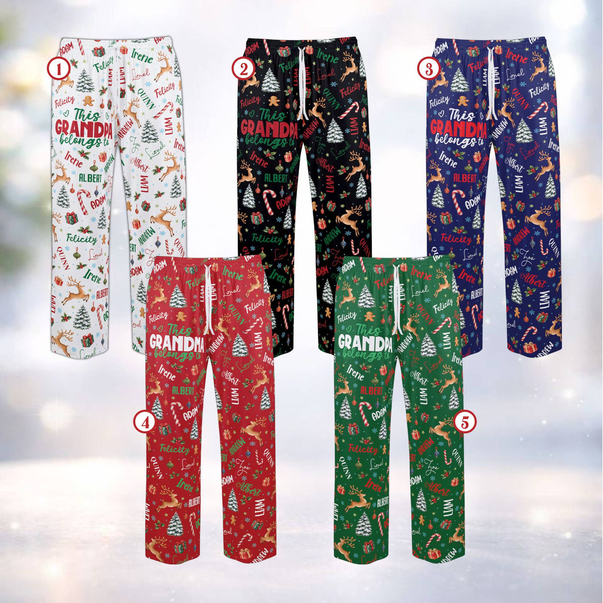 Front view of the custom name matching xmas family pajamas