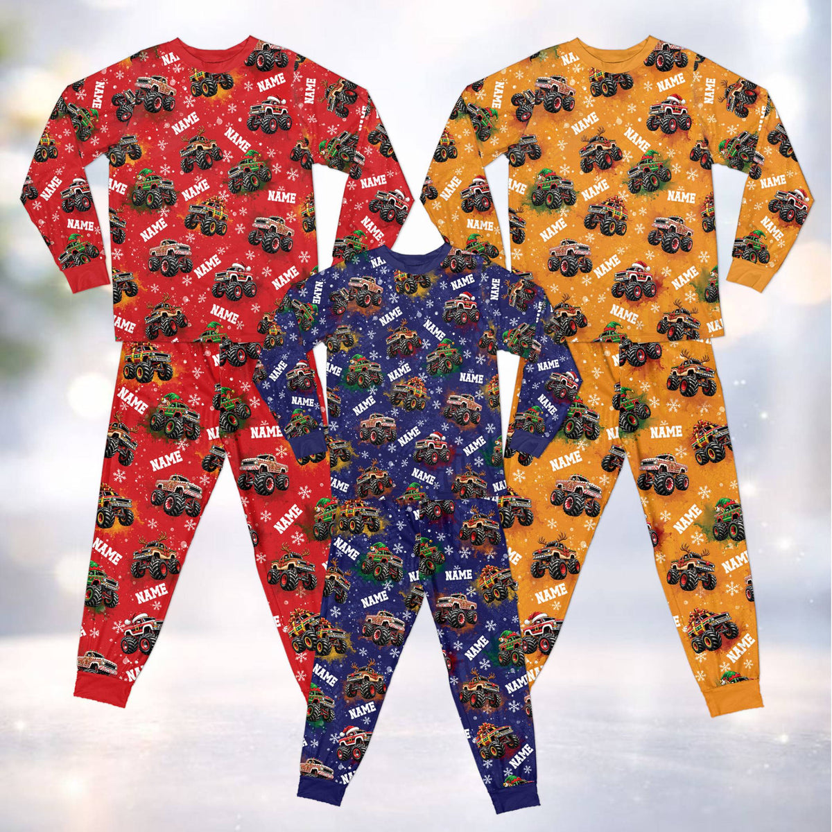 Front view of black custom christmas pajama set with monster truck print