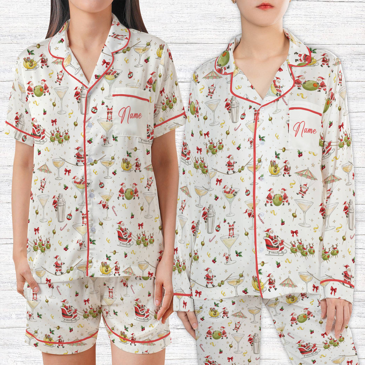 White christmas pajama set front view showing custom name and number details
