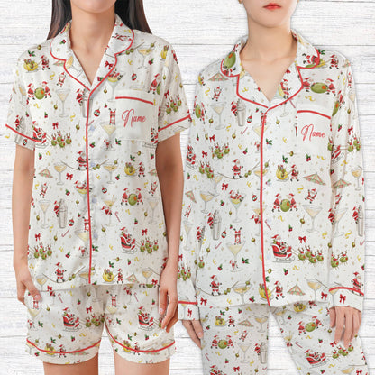 White christmas pajama set front view showing custom name and number details
