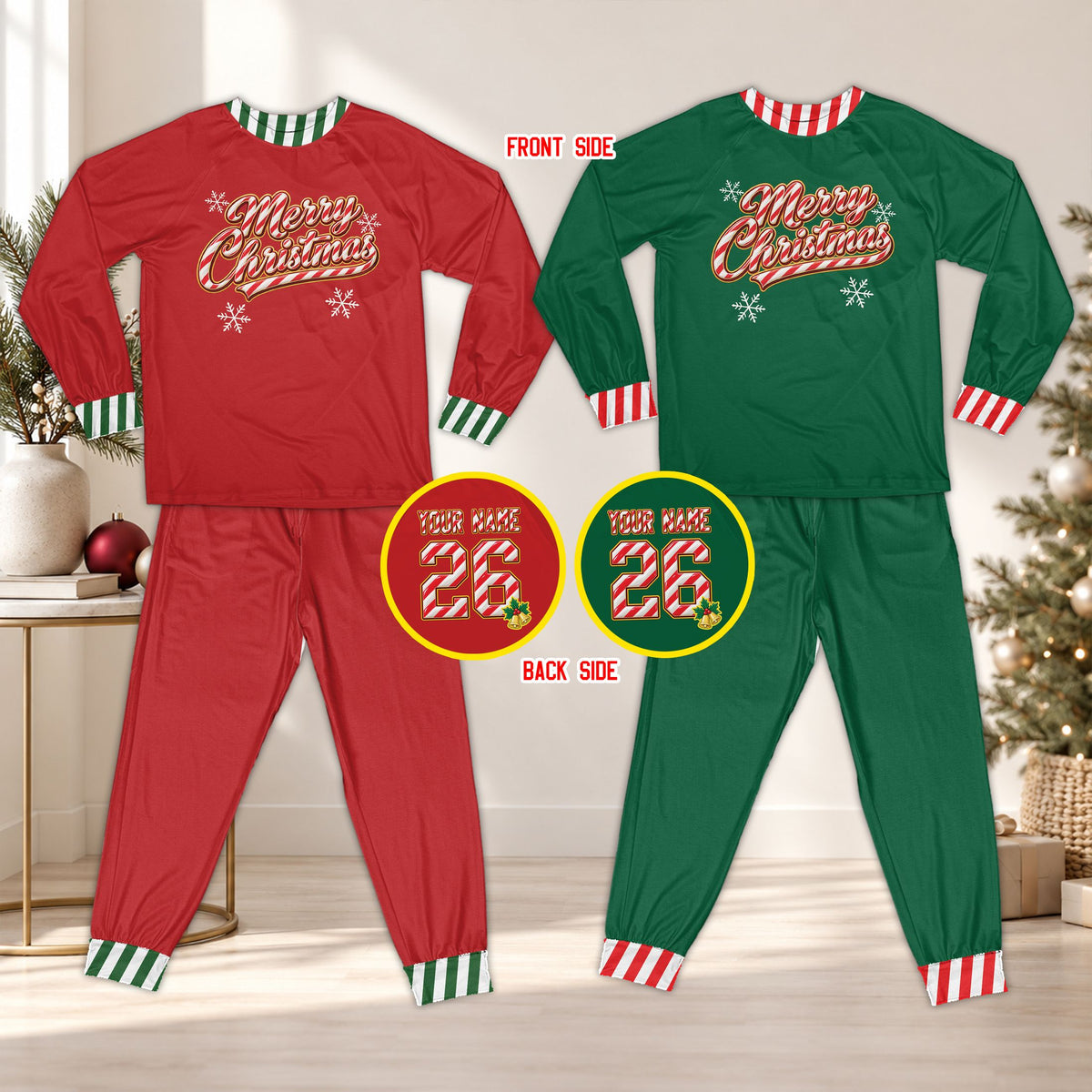 Close up of the matching christmas pajamas for family showing the candy cane font and striped cuffs