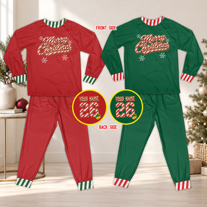 Close up of the matching christmas pajamas for family showing the candy cane font and striped cuffs
