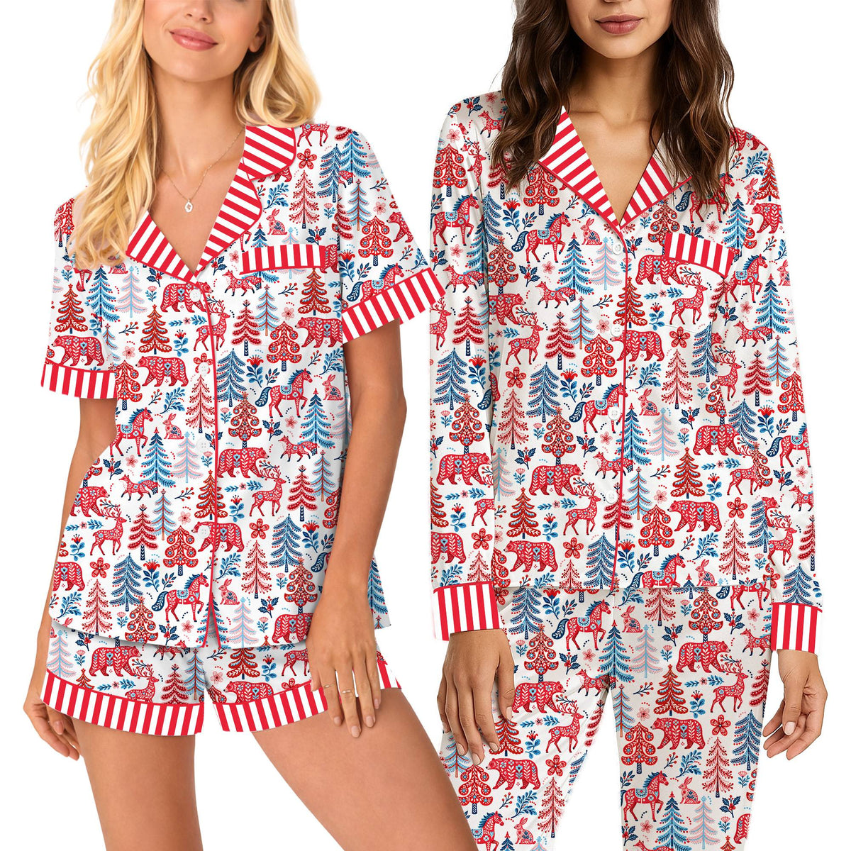 Close-up front view of the holiday folk art pajama top with red and white stripes