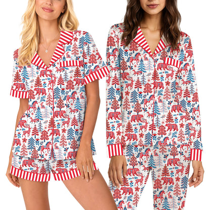 Close-up front view of the holiday folk art pajama top with red and white stripes