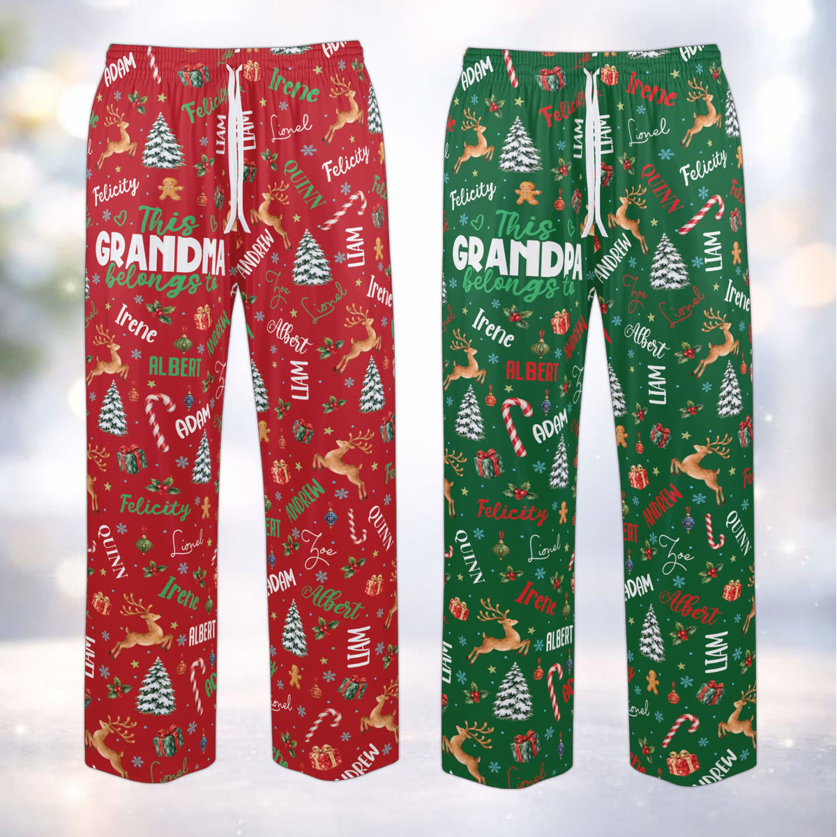 Front view detailing the reindeer and gingerbread man holiday pattern