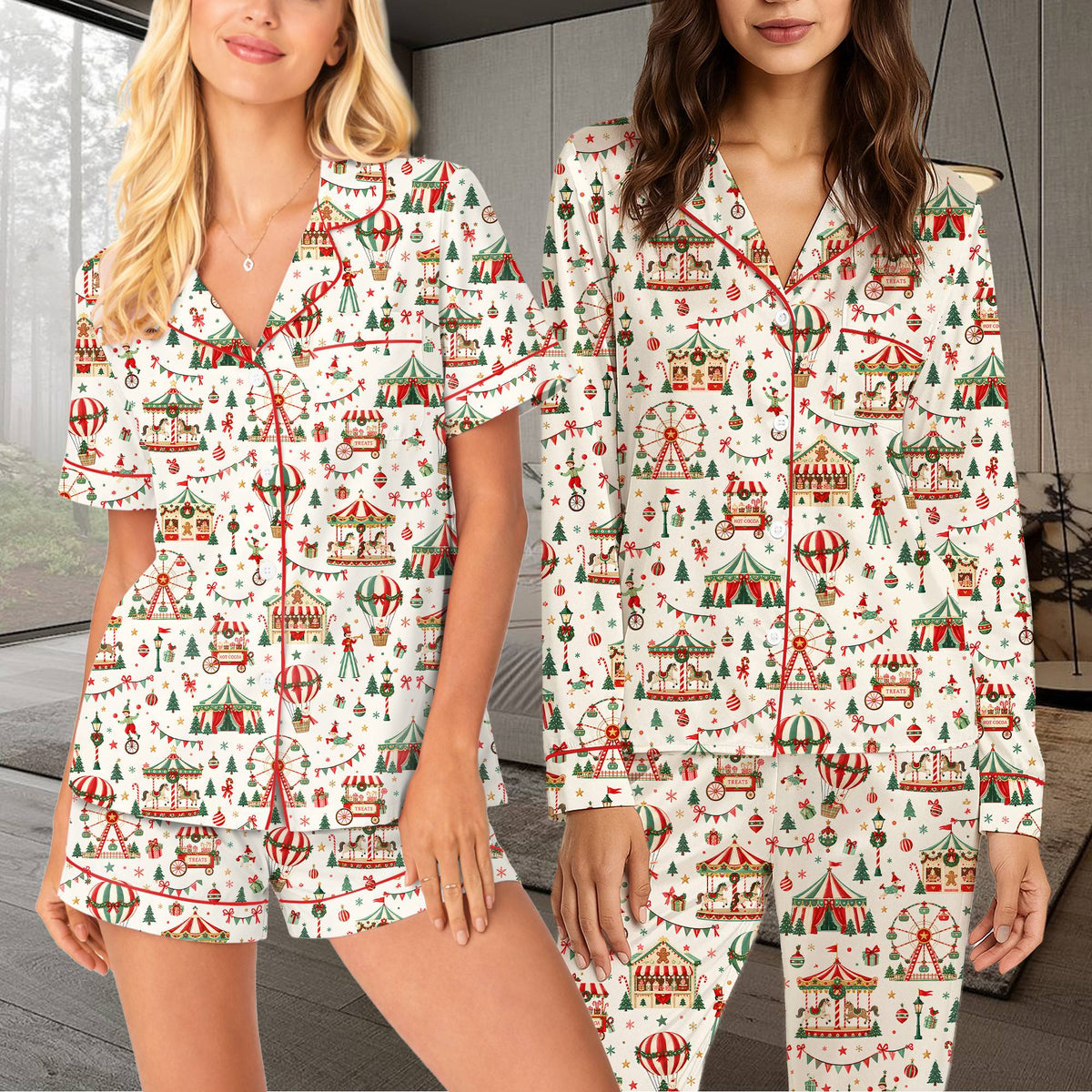 Detailed front view of the holiday carnival print on the pajama set