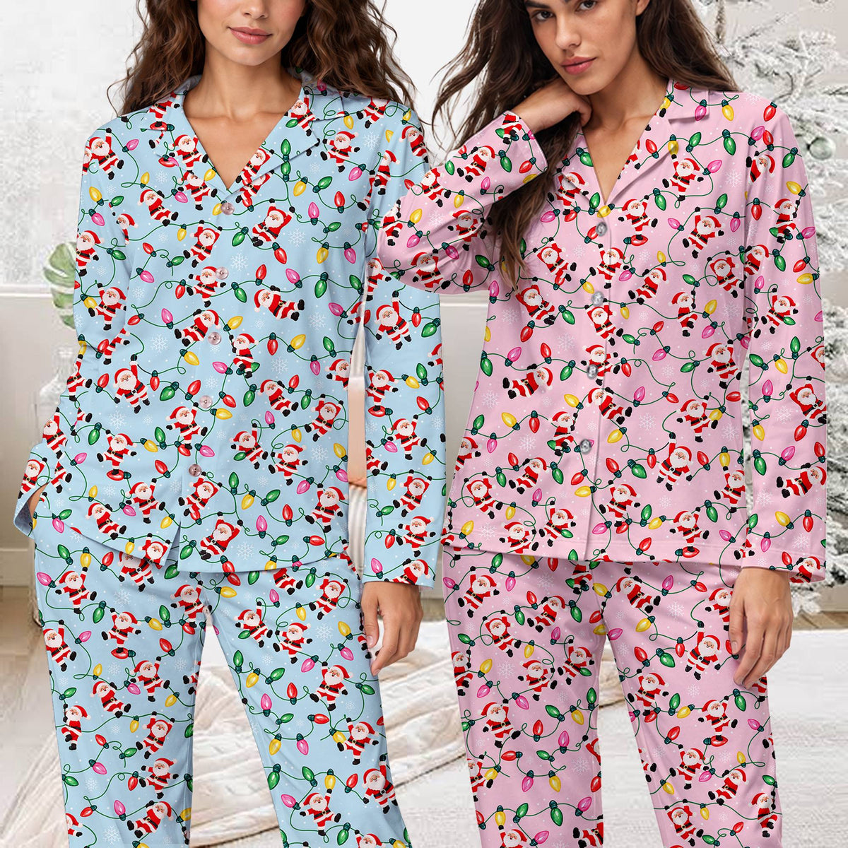 Front view showcasing the intricate Santa Claus and colorful lights print on the pajama set
