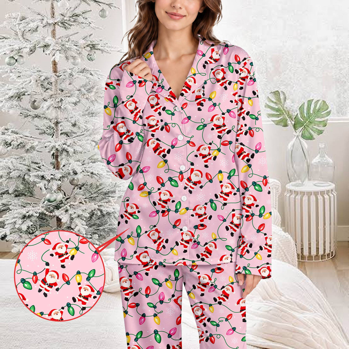 Front view of a festive holiday matching pajama top and bottom showing the full design pattern