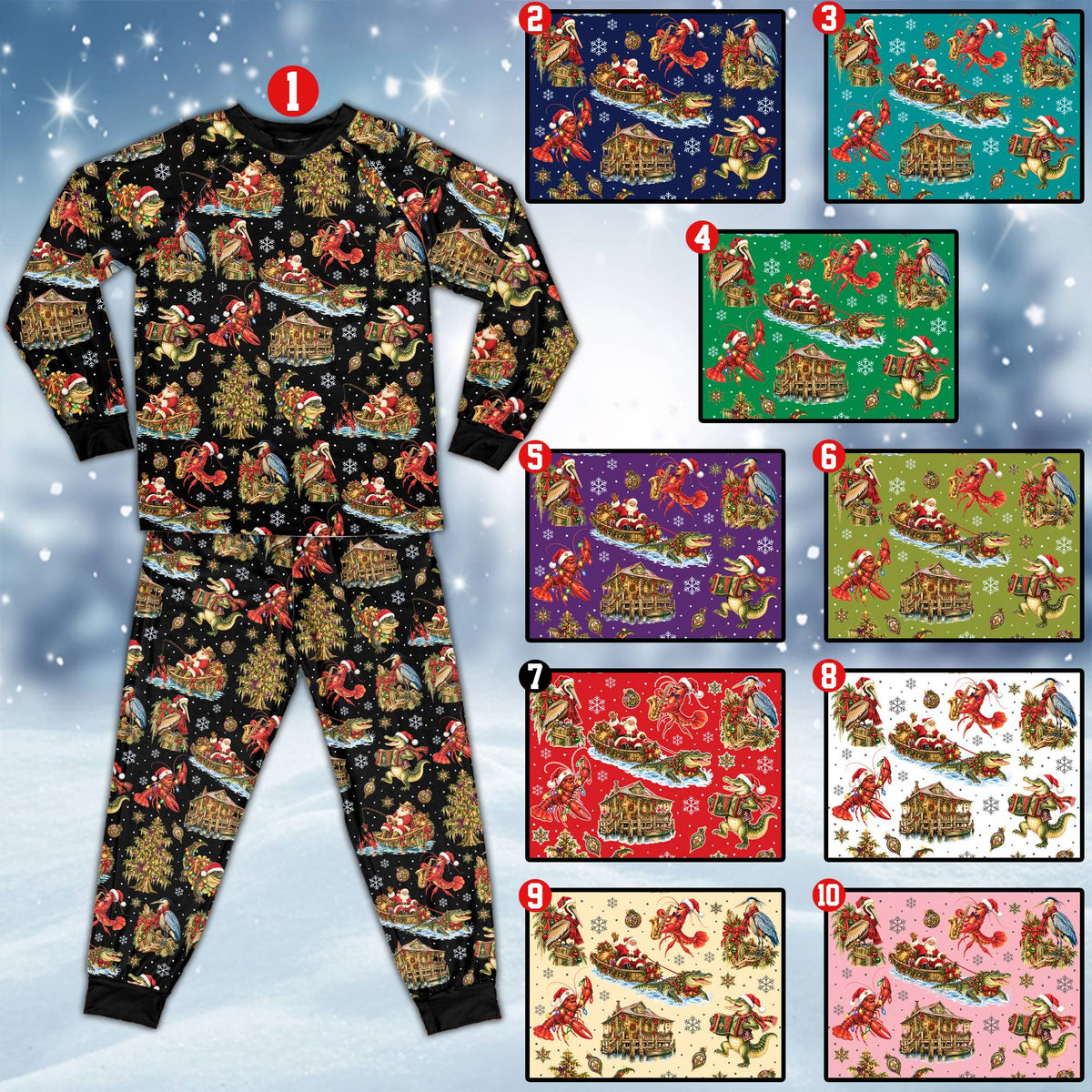 Matching family xmas pajamas showcasing swamp holiday pattern, front view