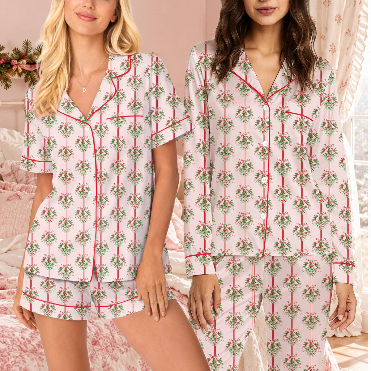 Front view of the pink christmas pajama set top with mistletoe and red stripes