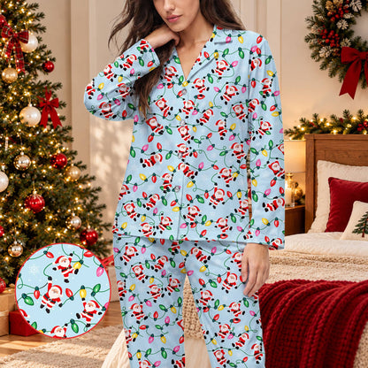 Front view of the Christmas pajama set displaying the festive Santa and lights design