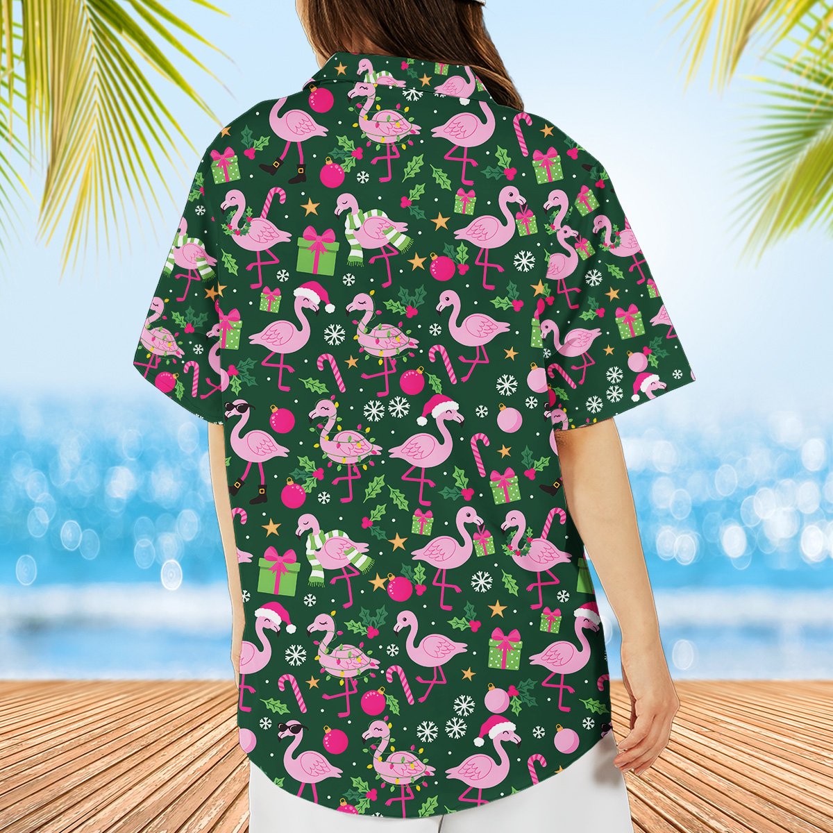 Alternative back view of the green flamingo pajama set