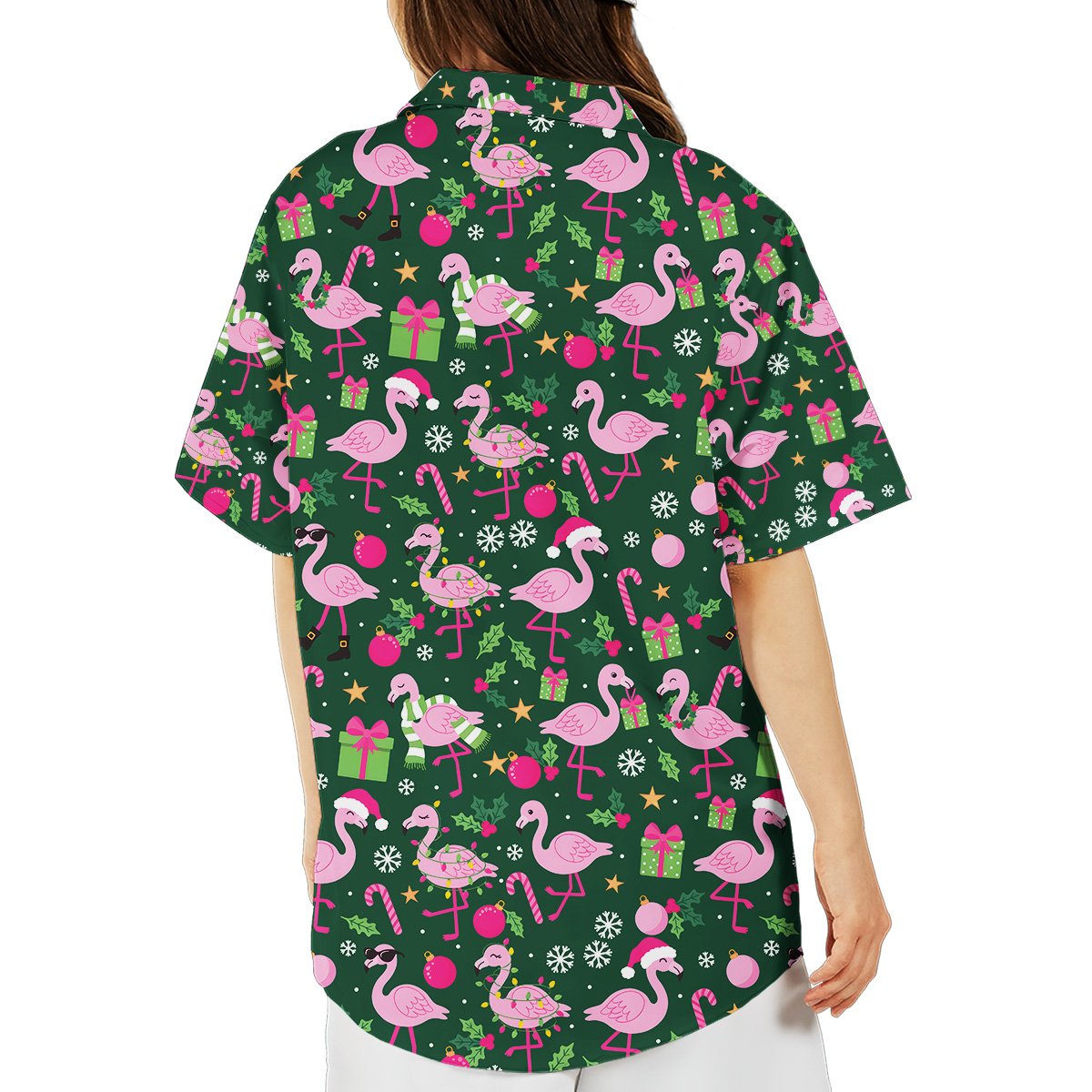 Back view of the flamingo christmas pajama set in green