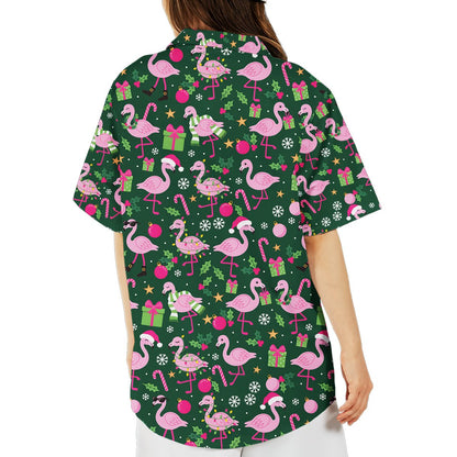 Back view of the flamingo christmas pajama set in green