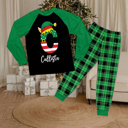 Green long-sleeve version of the personalized matching xmas family pajamas