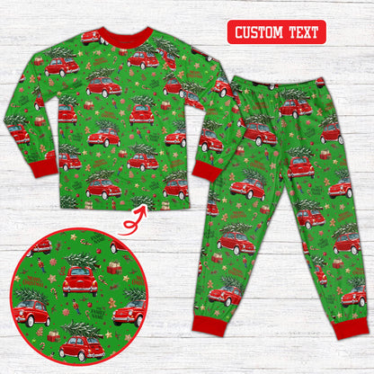 Personalized green christmas pajama set featuring vintage red autos and holiday elements, front view