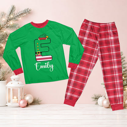 Personalized green and red plaid christmas pajama set with custom name and elf letter design, front view