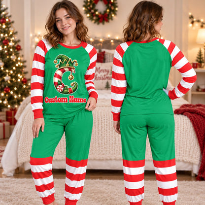 Close-up front view of the personalized green and red striped christmas pajama set