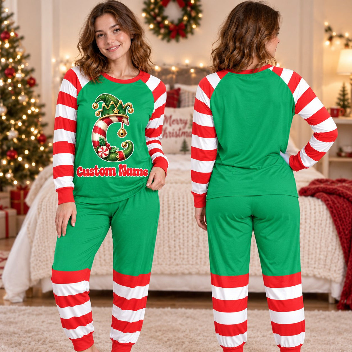 Personalized green and red striped christmas pajama set with custom name and candy cane C design, front view