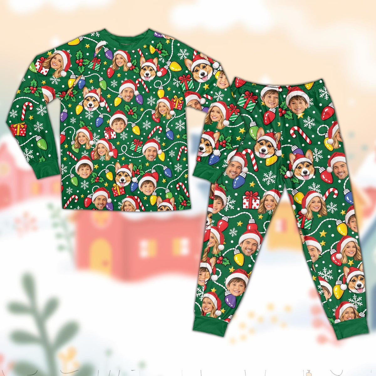Matching family christmas pajama set in green with custom face and corgi pattern, front view