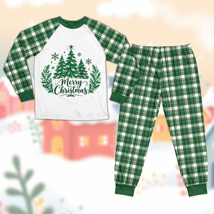 Green matching family christmas pajama set featuring pine trees and Merry Christmas script