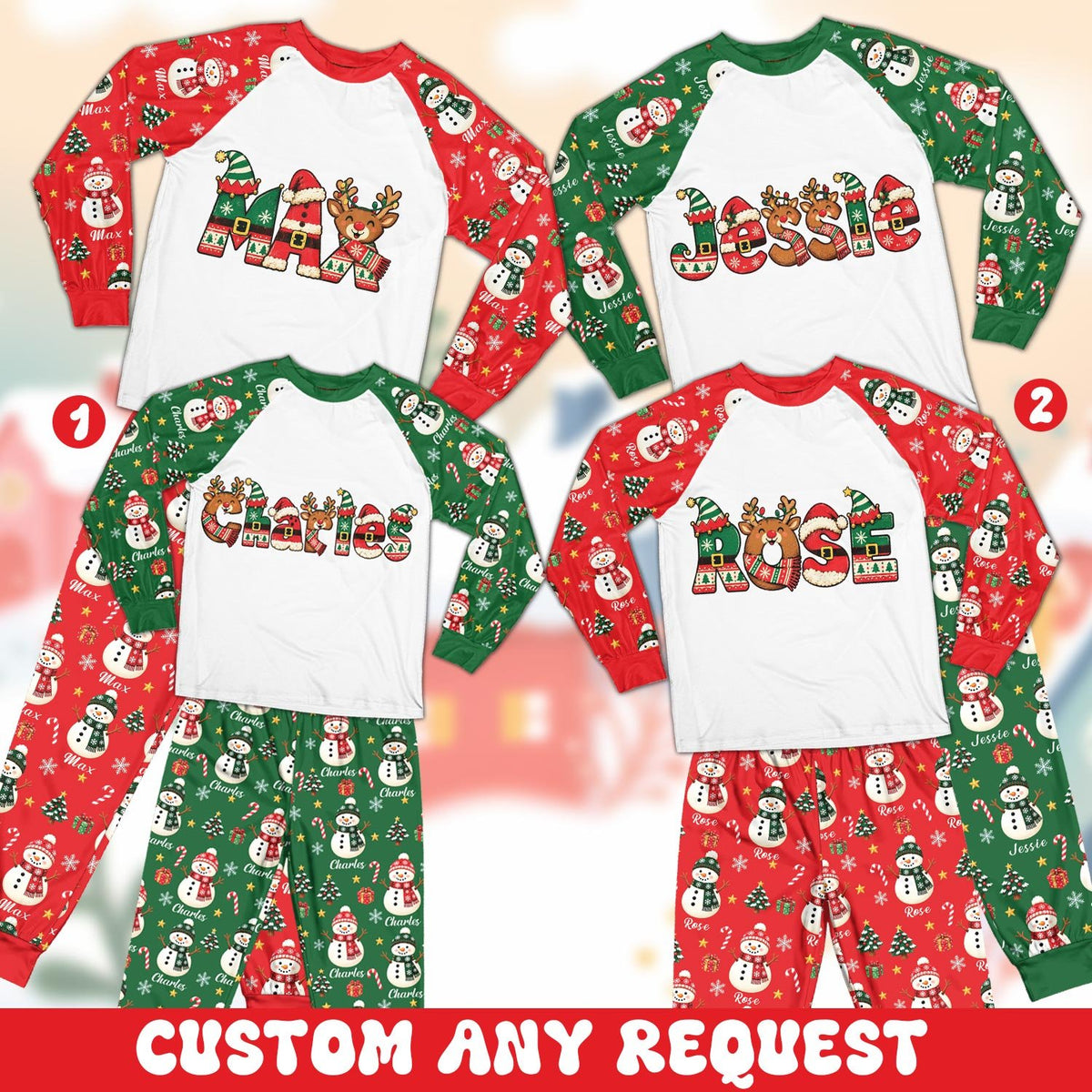 Green matching xmas family pajamas with snowman and tree print front view