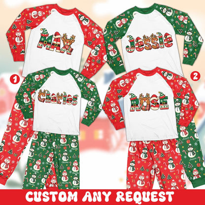 Green matching xmas family pajamas with snowman and tree print front view