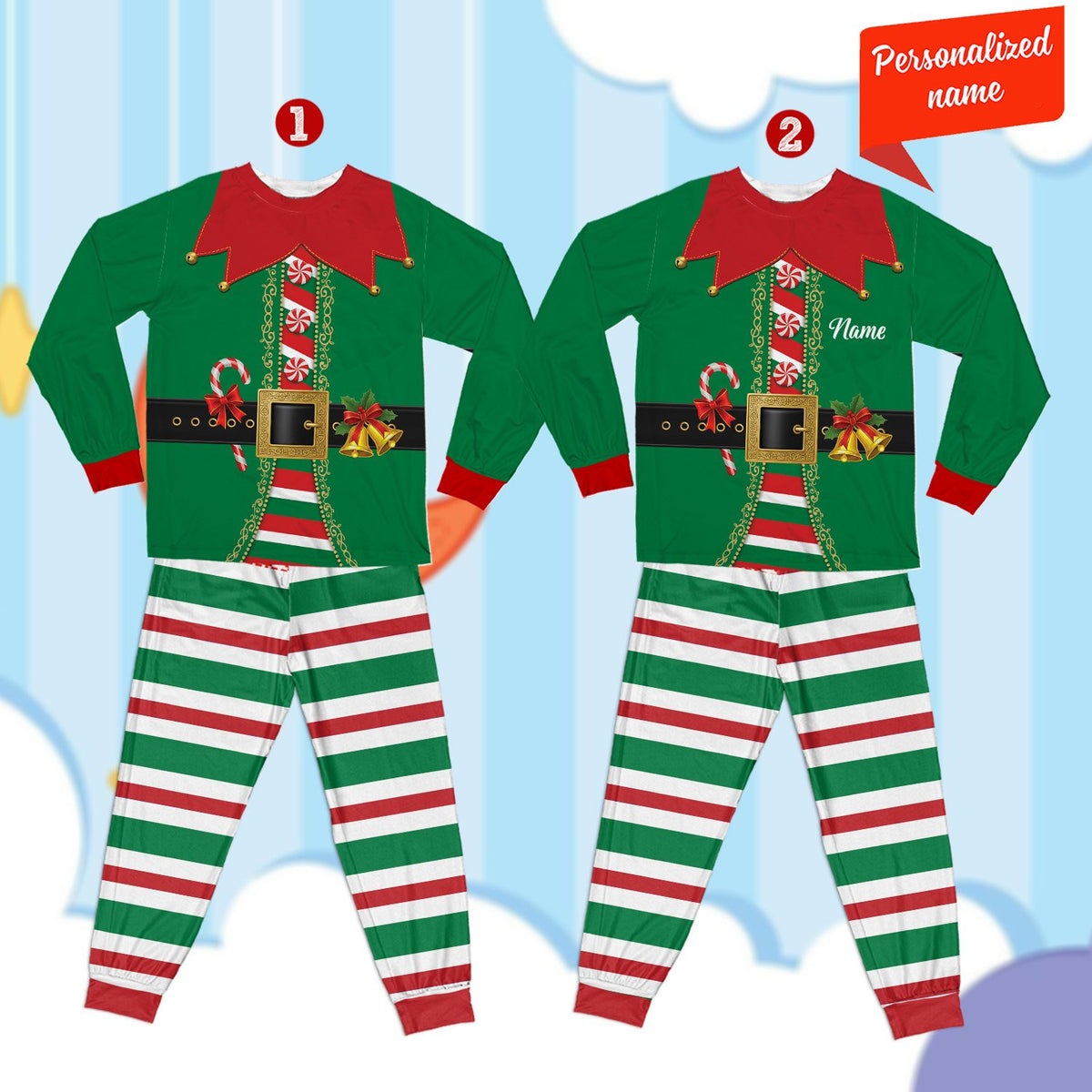 Detailed front view of the elf top with printed belt and candy canes