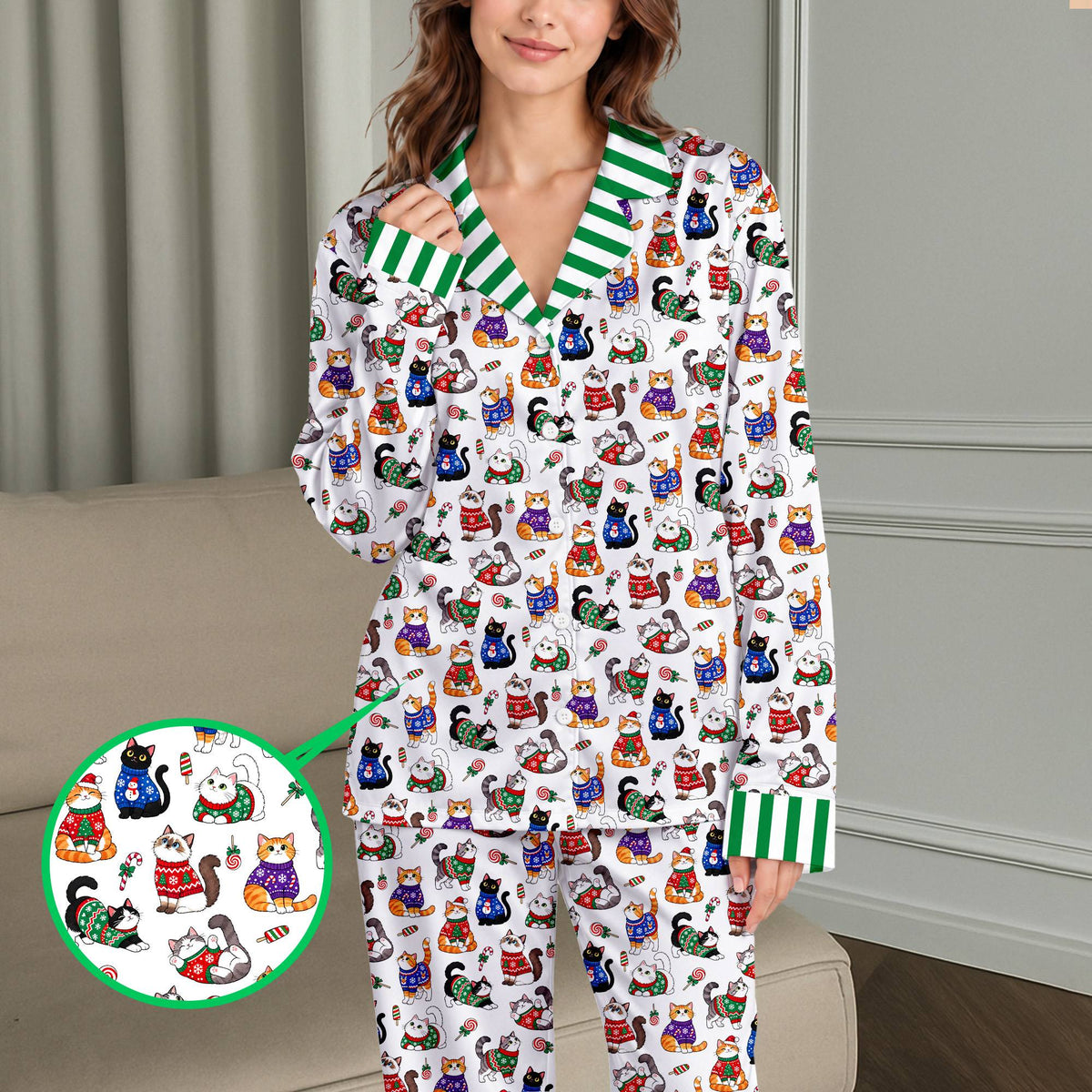 Another front view of the matching family pajamas with christmas cats design