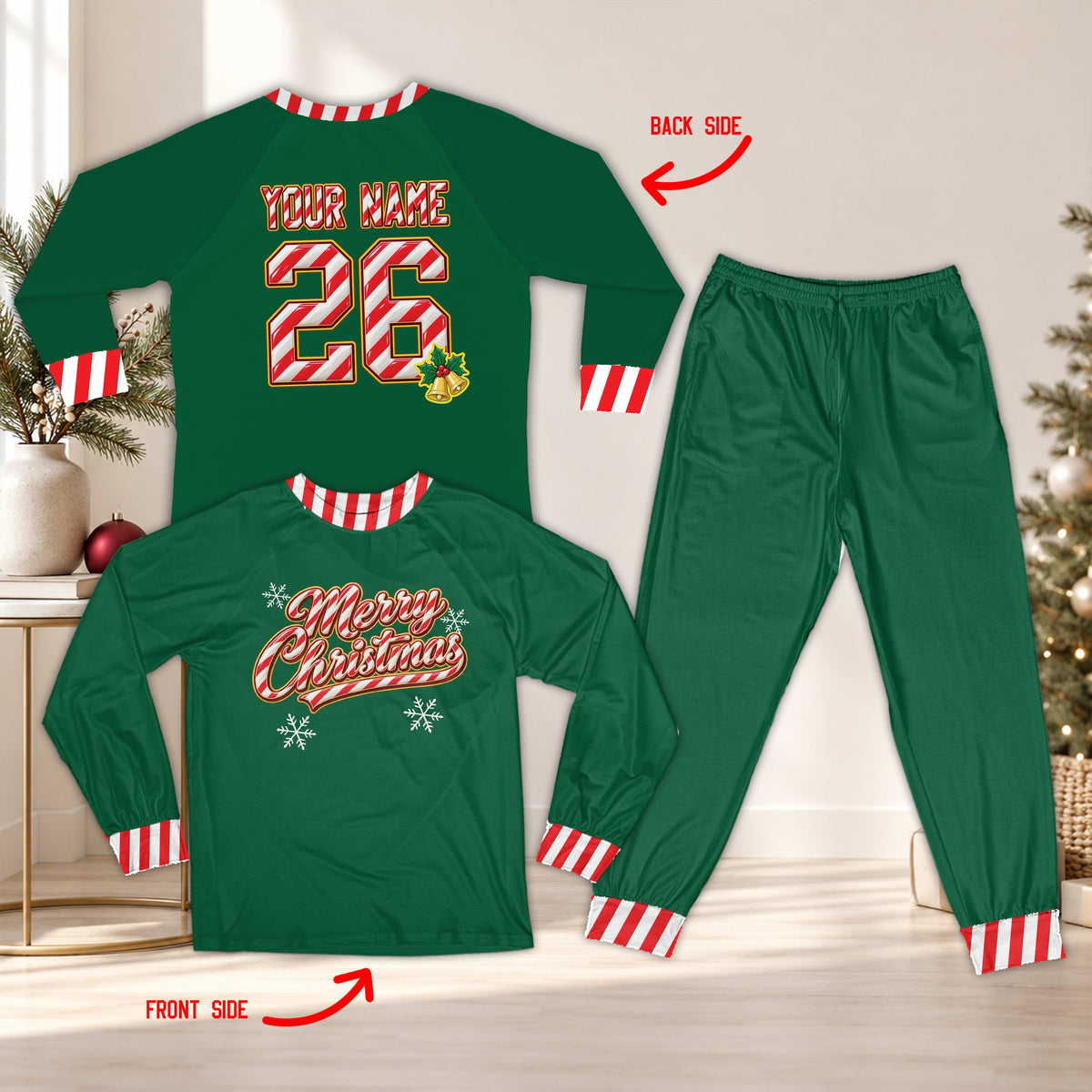 Green personalized christmas pajama set with candy cane merry christmas design and matching pants, front view