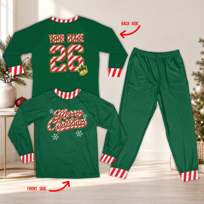 Green personalized christmas pajama set with candy cane merry christmas design and matching pants, front view