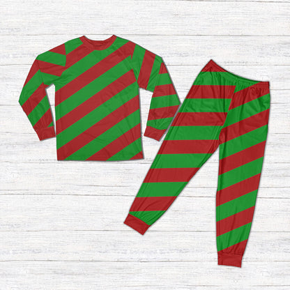 Green matching family xmas pajamas top and pants, front view