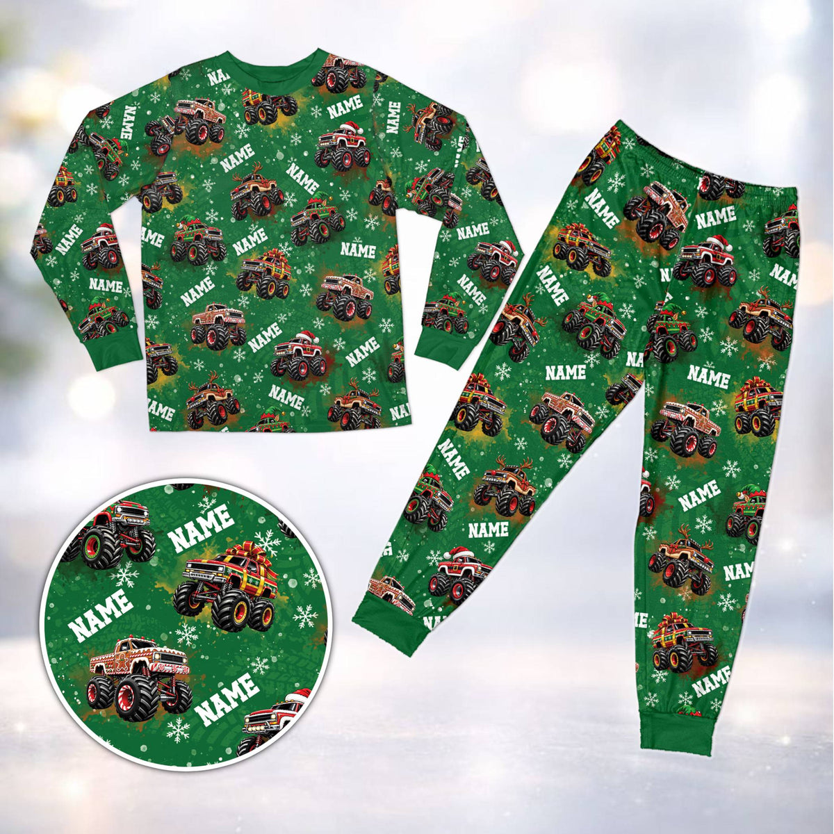 Front view of green custom holiday matching pajamas