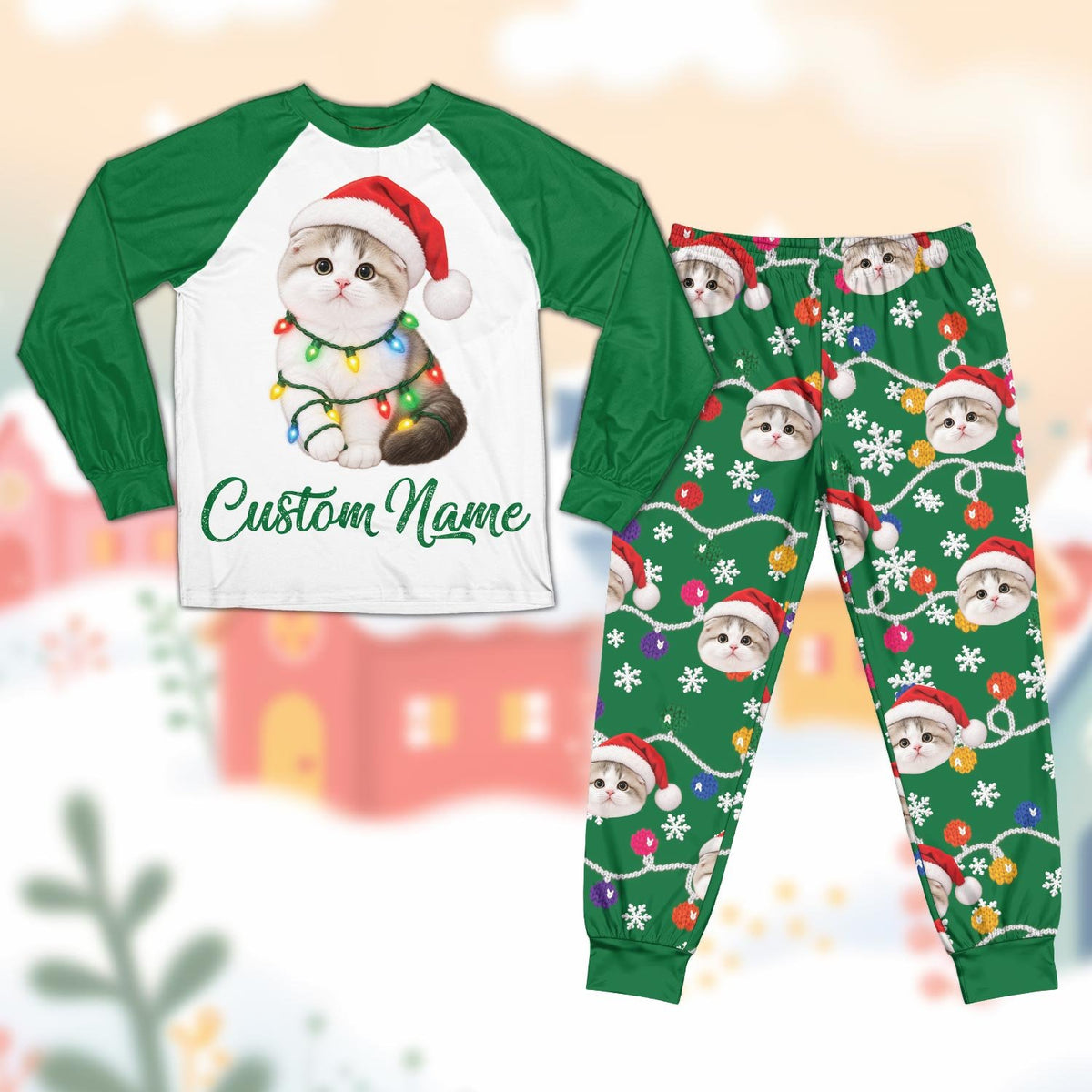 Green holiday matching family pajamas with patterned pants, front view
