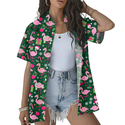 Another front view of the green flamingo holiday matching pajamas