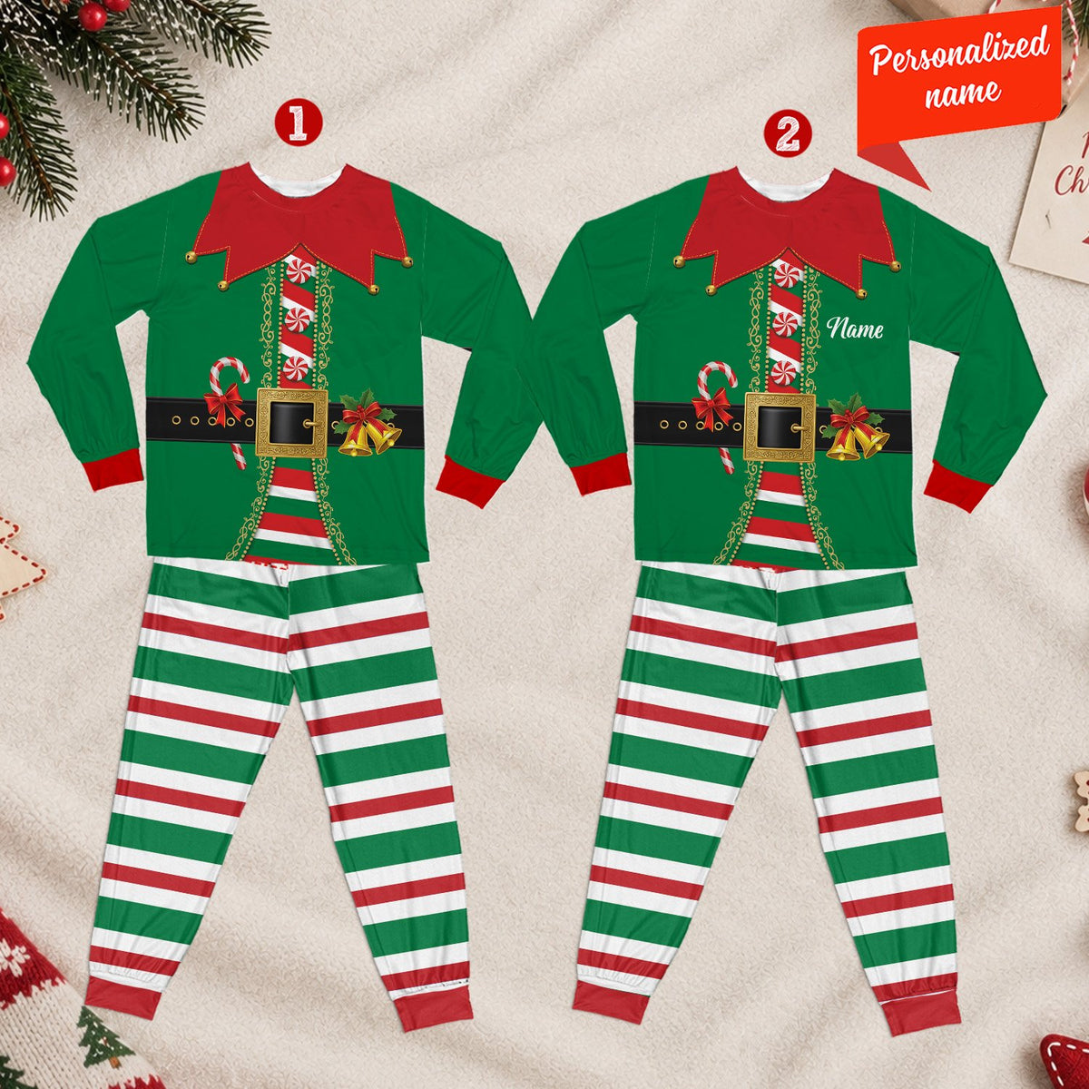 View of the striped green, white, and red pajama pants