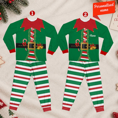 View of the striped green, white, and red pajama pants
